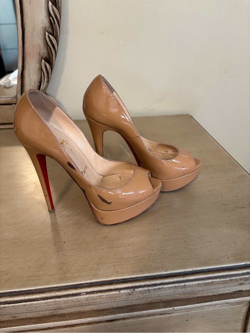 Christian Louboutin Nude Patent Peep-Toe Platform Heels